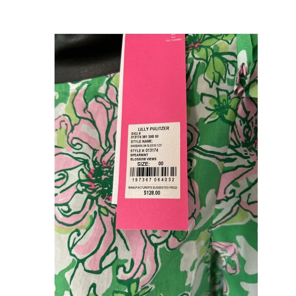 Lilly Pulitzer Barbara Top in Spearmint Blossom Puff Sleeve Size 00 NWT